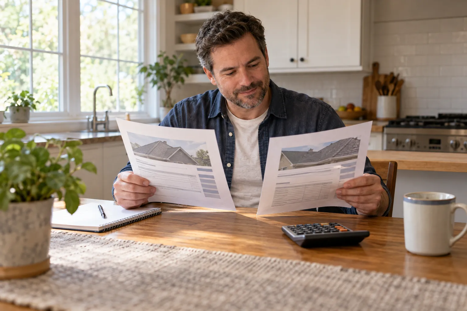 Homeowner reviewing written roofing quotes at a kitchen table in the Dallas area