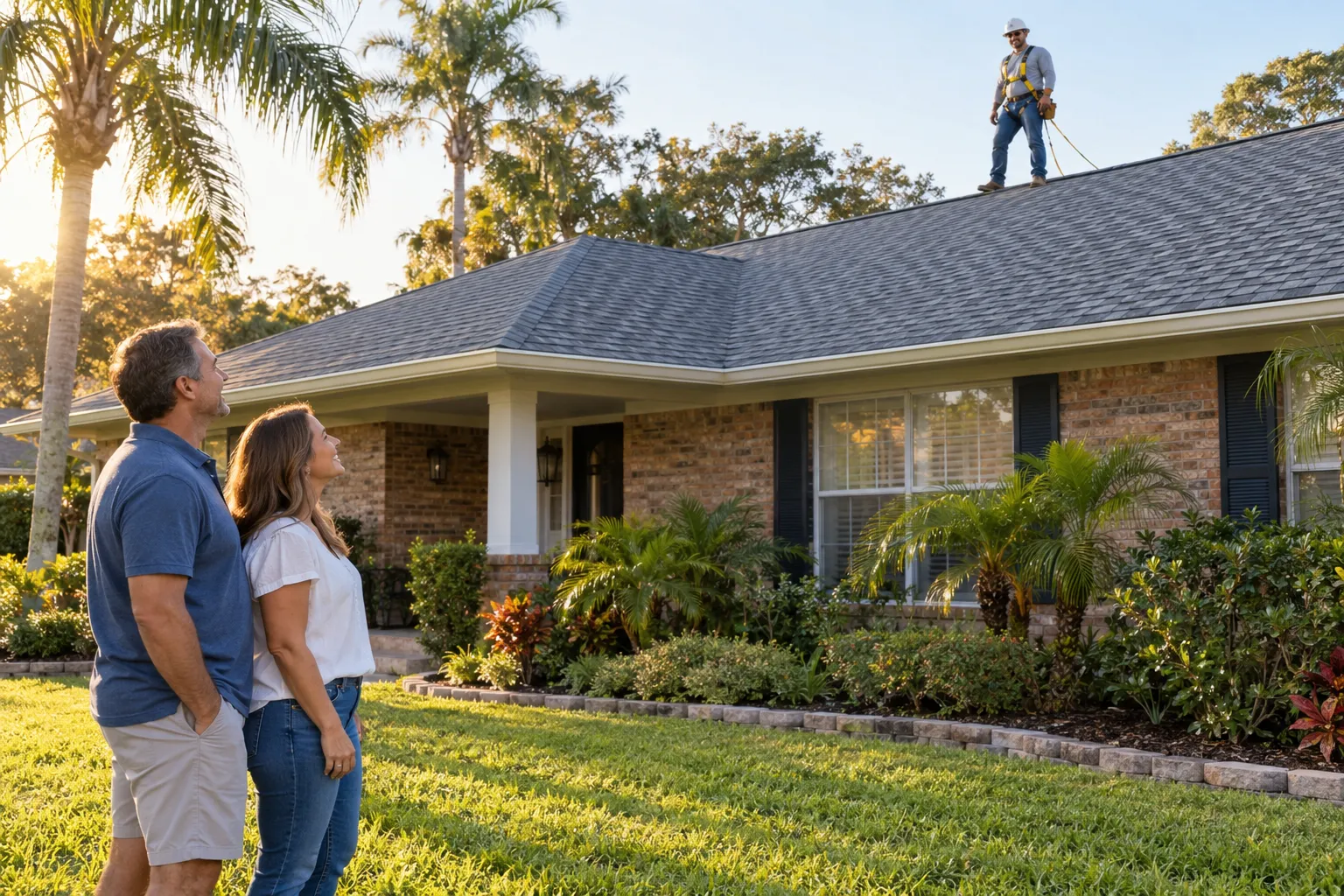 A tidy brick ranch home in Dallas with a fresh shingle roof under a clear summer sky