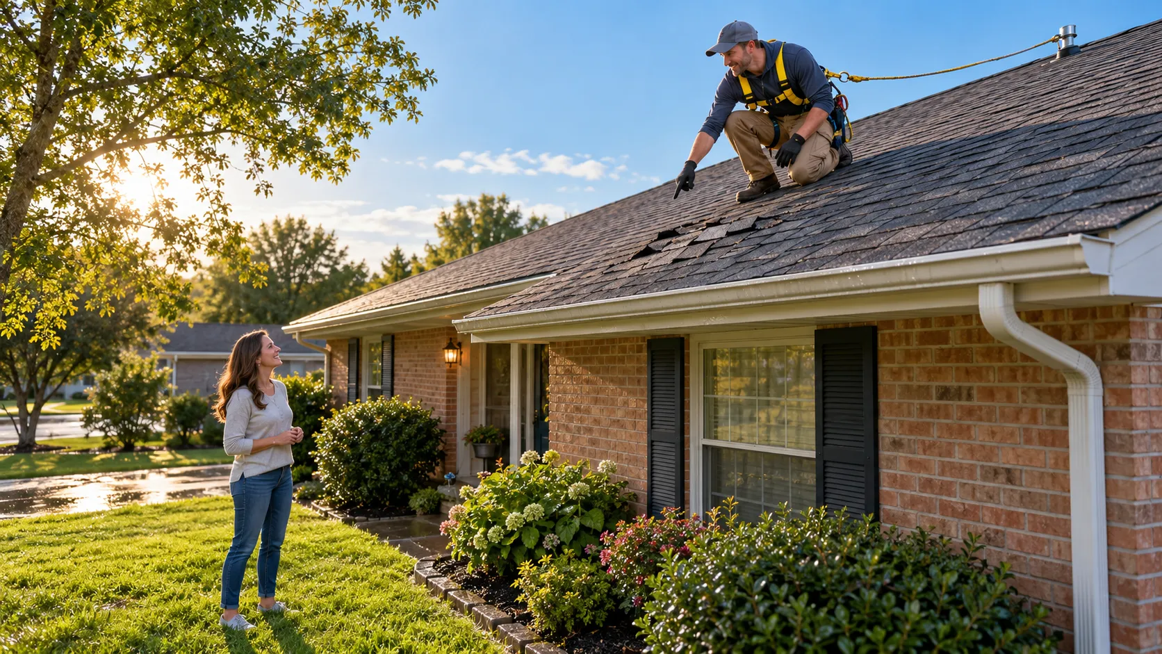 Friendly roofing provider showing a homeowner shingle damage on a house in Dallas