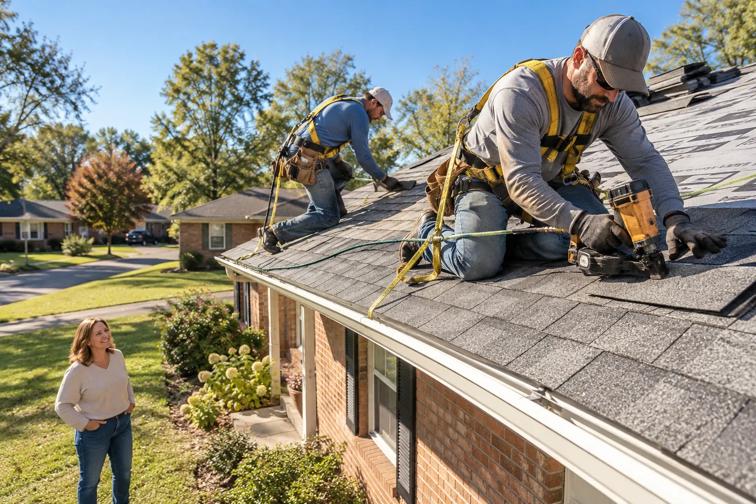 A roofing crew installing new shingles on a brick ranch home in Dallas
