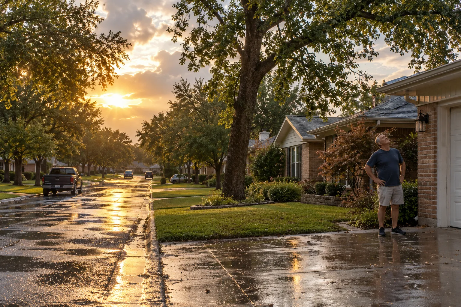 A neighborhood in the Dallas area with homes and mature trees after a summer storm