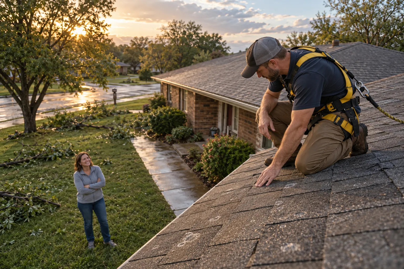 Local roofing provider inspecting hail-damaged shingles on a brick ranch home in Dallas after a storm